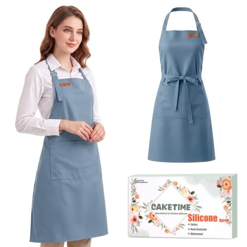 CAKETIME Colorful Aprons Made by Silicone Coated Polyester Fabric Waterproof Oilproof for Women Cooking Funny Gifts - color: Blue