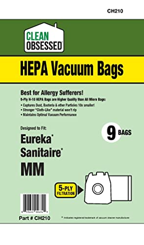 Clean Obsessed H-10 HEPA Bags Type MM Bags Replacement For Eureka Mighty Mite Models 3670, 3680 & Sanitaire Models S3680 & 3680. - 9 Cloth HEPA Bags per package