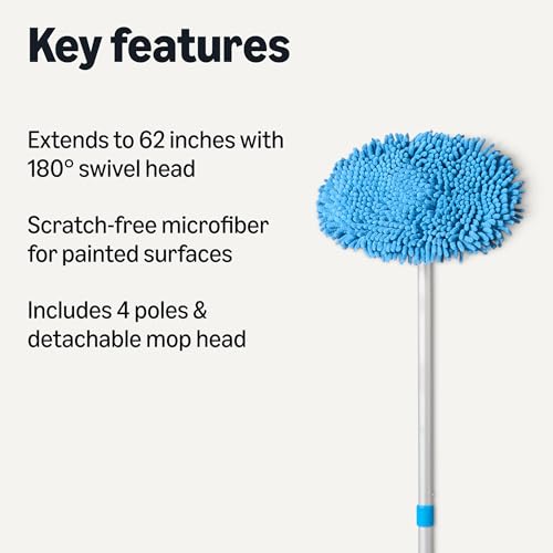 Amazon Basics Car Wash Brush with Long Handle, Scratch-Free Microfiber Mop Mitt, Swivel Head, Detachable Head, Extends to 62 inches with 4 Poles, for Car RV Truck, Blue - size: 62 inches