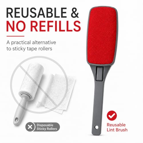 Reusable Lint Brush for Clothes, Double Sided Pet Hair Remover Brush with Swivel Head, Fabric Lint Remover for Couch, Furniture, Bedding and Upholstery