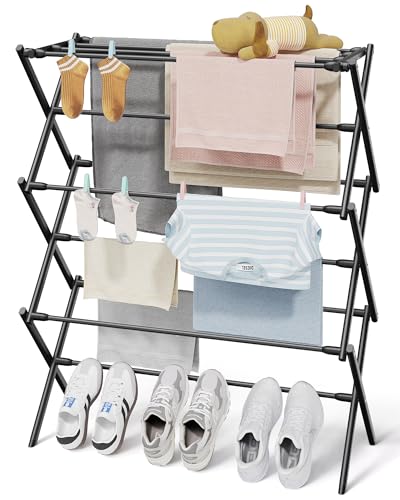 Sakugi Foldable 3-Tier Clothes Drying Rack 37.4" H with Non-Slip Feet - color: Black, size: 3 Tier Standard