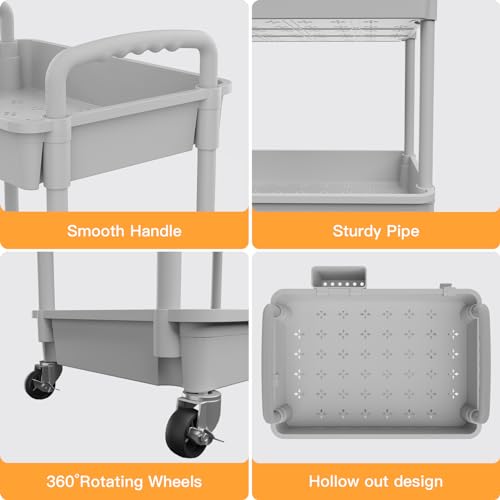 4 Tier Rolling Utility Cart with Handle,REBECAT Utility Cart Made of Multifunctional Storage Organizer Tool for Kitchen,Bathroom,Living Room,Office(Gray) - color: Gery