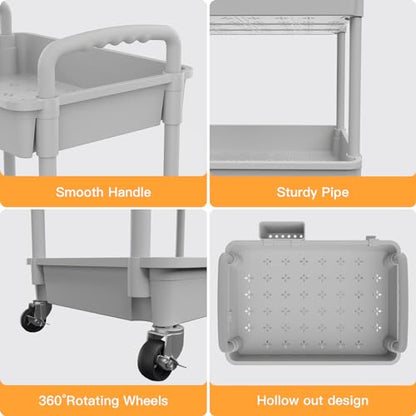 4 Tier Rolling Utility Cart with Handle,REBECAT Utility Cart Made of Multifunctional Storage Organizer Tool for Kitchen,Bathroom,Living Room,Office(Gray) - color: Gery
