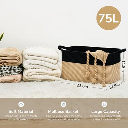 Goodpick Large Woven Blanket Basket, Rectangle, Black & Camel - color: Black Camel, size: Large(21.6"L x 14.9"W x 11.8"H)