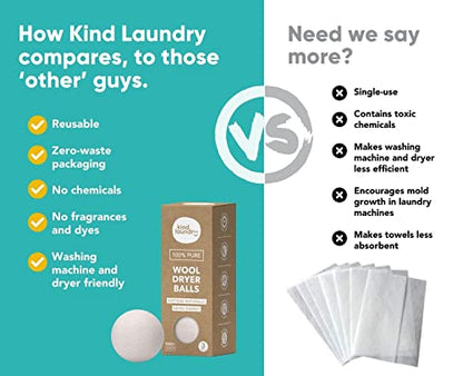 KIND LAUNDRY Wool Dryer Balls (3-Pack) & Detergent Sheets - Eco-Friendlier, Organic and Reusable Fabric Softener