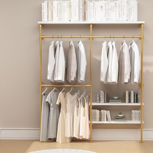 HOMEKAYT Industrial Pipe Clothes Rack with Shelves, Gold Clothing Rack Wall Mounted Heavy Duty Multi-Purpose Storage Clothes Hanging Shelf - 70.8''L Gold - color: gold, size: 70.8''L-A