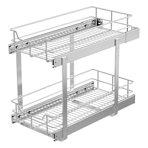 2 Tier Pull Out Cabinet Organizer 11" W X 22" D, Chromed, Full Slide Out - color: 2 Tier - Chrome-Plated, size: 11" W X 22" D