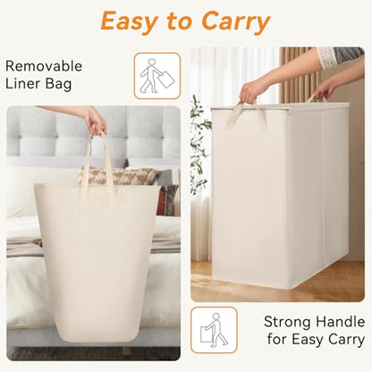 Chrislley Double Laundry Hamper with Lid, 160L Laundry Basket 2 Section - color: Beige, size: 160L(25.0"L x 14.2"W x 27.2"H)