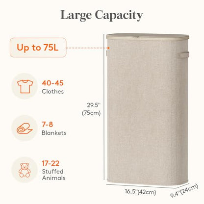 Lifewit Slim Laundry Basket with Lid and Removable Bag, 75L, Beige - color: Beige, size: 75L