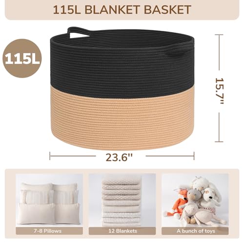 INDRESSME 115L Extra Large Woven Rope Blanket Basket Living Room BlackCamel - color: Black & Camel, size: 23.6"D x 15.7"H