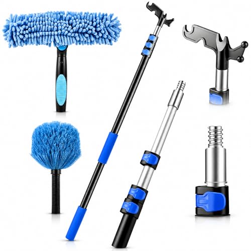 Boat Brush and Boat Hook with 12ft Telescoping Pole, 4 Piece Cleaning Kit with Replaceable Heads, 2-in-1 Window Squeegee & Cobweb Duster for Marine, Rv & High Reach Cleaning - size: 12ft
