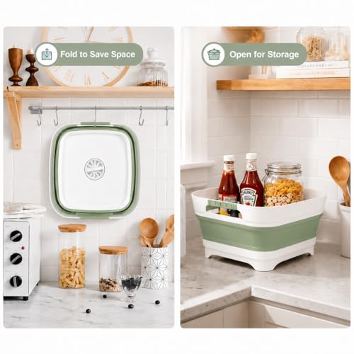 Collapsible Dish Basin with Drain Plug, 2.4 Gal 9L Foldable Wash Basin, Portable Sink Tub for Kitchen, Baby Bottles, Camping, RV, Vegetable Washing and Beverage Tub, Green - color: Green