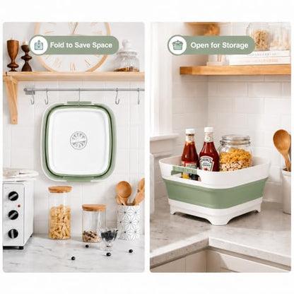 Collapsible Dish Basin with Drain Plug, 2.4 Gal 9L Foldable Wash Basin, Portable Sink Tub for Kitchen, Baby Bottles, Camping, RV, Vegetable Washing and Beverage Tub, Green - color: Green