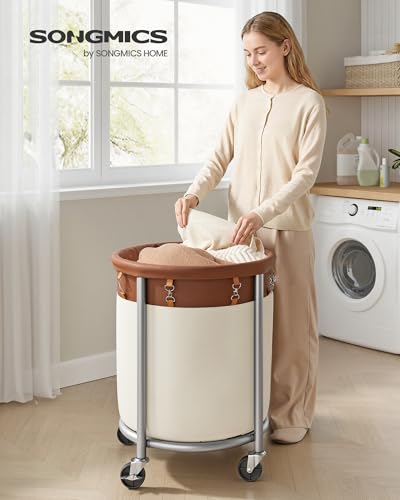 SONGMICS Laundry Basket with Wheels, 29 Gal., Steel Frame, Removable Bag - color: Coffee Brown + Cream White, size: 110 L (1-Section)