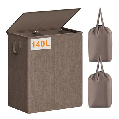 Chrislley Double Laundry Hamper with Lid, 140L Laundry Basket 2 Section - color: Brown, size: 140l(24.0"l X 14.2"w X 25.2"h)