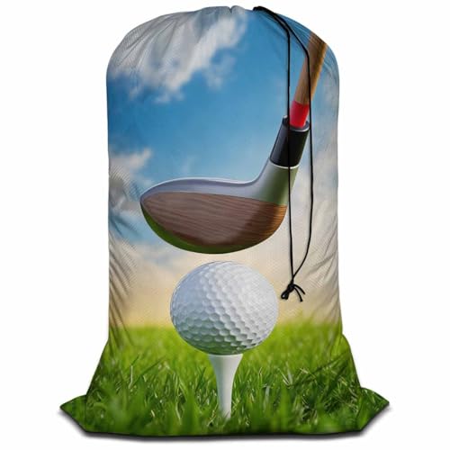 Swono Golf Ball Extra Heavy Duty Laundry Bag, Driver Hit Golf Ball On Tee Green Grass X-Large Dirty Clothes Drawstring Bag with Tear Resistant Fabric, Washable Laundry Liner for Hamper, Ideal for - color: Golf Ball