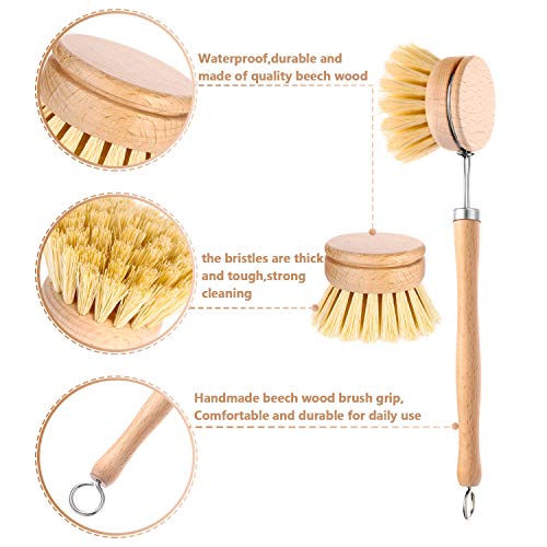 Boao 3 Pack Dish Brush with Beechwood Handle with Replacement Heads