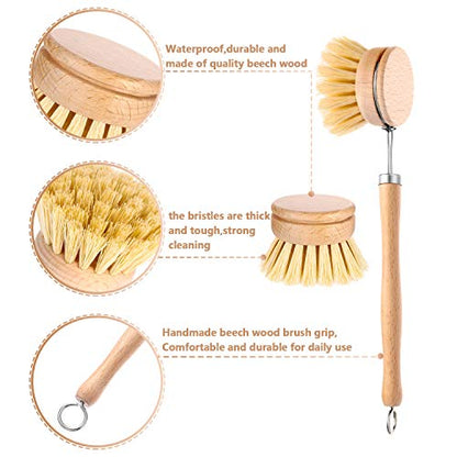 Boao 3 Pack Dish Brush with Beechwood Handle with Replacement Heads