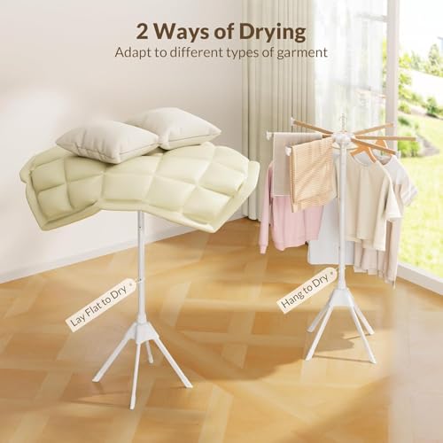 Wood Clothes Drying Rack, Foldable Collapsible Laundry Rack with 8 Adjustable Rods, Stable Space Saving Garment Organizer for Indoor Outdoor, Laundry Room, Bedroom, Bathroom, Balcony, RV, Camping