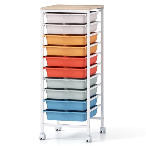 Giantex Rolling Storage Cart with 10 Drawers, Utility Cart w/Wooden Tabletop, Lockable Wheels, Multipurpose Organizer for Art Craft Books Paper, Drawer Carts for Dorm Classroom Office, Macaron - color: Macaron, size: 10 Drawer-13"x14.5"x33.5"