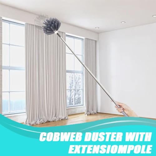 Cobweb Duster with Extension Pole & 3 Clean Head, Medium Stiff Bristles Cobweb Duster Head & 1.8 to 7.2-Feet Scalable Stainless Steel Pole Ceiling Fan Duster for Outdoor Indoor Cleaning
