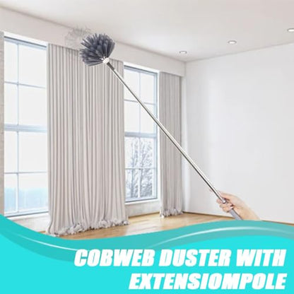 Cobweb Duster with Extension Pole & 3 Clean Head, Medium Stiff Bristles Cobweb Duster Head & 1.8 to 7.2-Feet Scalable Stainless Steel Pole Ceiling Fan Duster for Outdoor Indoor Cleaning