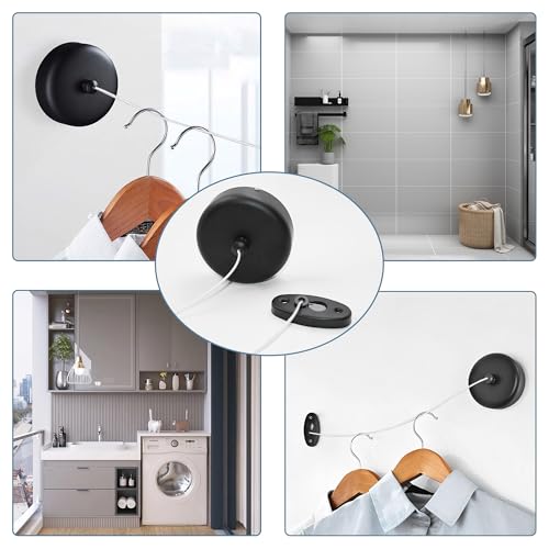 SUS304 Retractable Clothesline with Adjustable Nylon Clothing Rope for Bathroom Laundry Hotels (Black) - size: Black