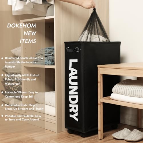 DOKEHOM 70L Enlarged Slim Rolling Laundry Basket Hamper on Wheels, Black - color: Black/L, size: 70L/Slim
