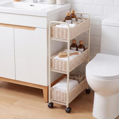 FOCHIER F Utility Slim Storage Cart,3-Tier Rolling Kitchen Office Laundry Room Cart with Wheels,Mobile Shelving Unit Organizer for Living Room,Bathroom, Baby Diaper,Art,Dining Room Narrow Places - color: White Wash