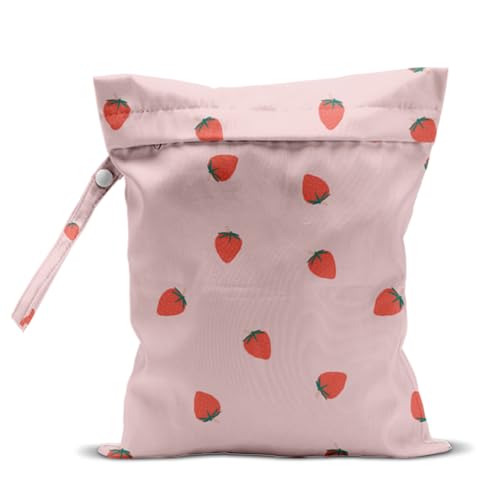 Wet Bag, Wet Dry Bag, Waterproof Swim Bags, Machine Washable Reusable Bags for Beach, Pool, Diapers, and Dirty Yoga Gym Clothes(Pink Little Strawberry Print Pattern - color: Light Pink Minimalist Strawberry