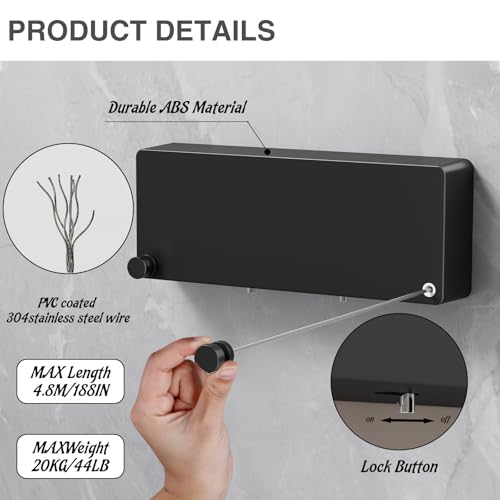 Retractable Clothesline Indoor, Non-Sagging Clothes line retracting Outdoor, Heavy Duty Wall Mounted Laundry Line Adjustable Stainless Steel for Laundryroom, Bathroom, 15.8 Feets Double Lines Black - style: Black