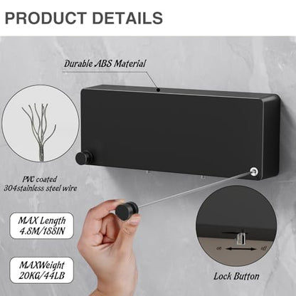 Retractable Clothesline Indoor, Non-Sagging Clothes line retracting Outdoor, Heavy Duty Wall Mounted Laundry Line Adjustable Stainless Steel for Laundryroom, Bathroom, 15.8 Feets Double Lines Black - style: Black