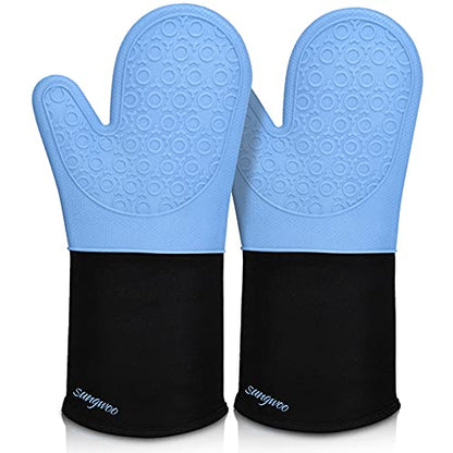 Silicone Oven Mitts - 14.6" Heat Resistant Oven Gloves for Baking, Cooking - color: Sky Blue & Black, size: 14.6in Oven Mitts