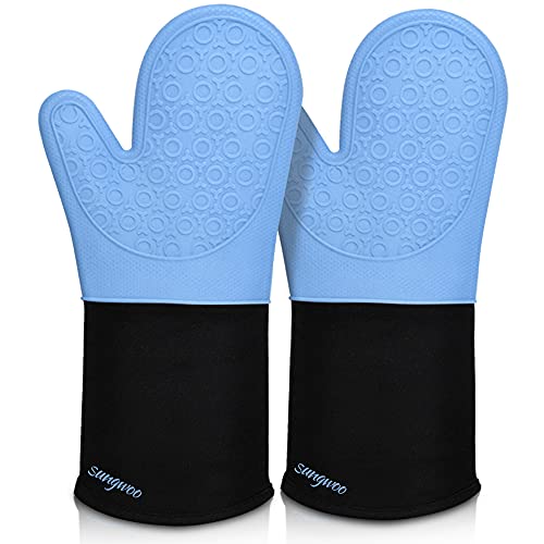 Silicone Oven Mitts - 14.6" Heat Resistant Oven Gloves for Baking, Cooking - color: Sky Blue & Black, size: 14.6in Oven Mitts