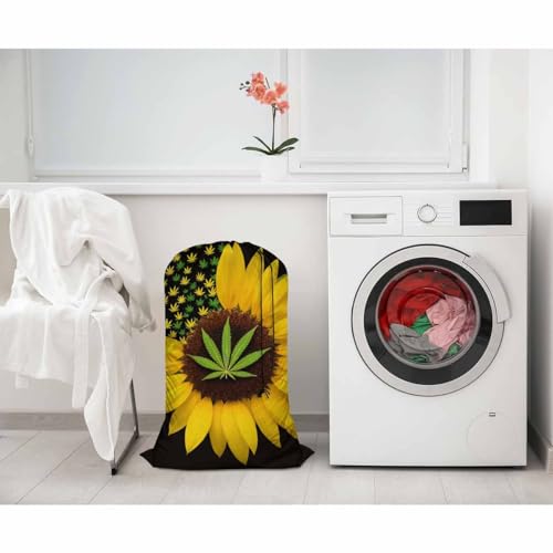 Swono Sunflower With Leaves Drawstring Portable Large Capacity Laundry Bags Summer Yellow Floral Blossom Travel Storage Bags for Apartments, Vacations, Home, 28x40 Inch - color: Sunflower With Leaves