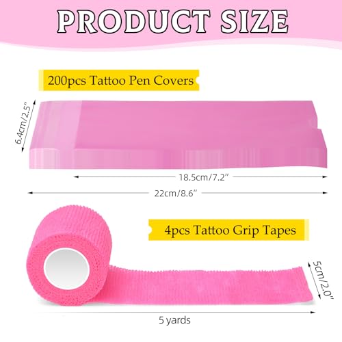 200PCS Tattoo Pen Covers with Self-adhesive Strip 4PCS Tattoo Grip Wrap Bandages Tattoo Machine Bags Tattoo Supplies Accessories (Pink, 200pcs Bags+4pcs Tape) - color: Pink, size: 200pcs Bags+4pcs Tape