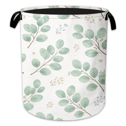 Eucalyptus Leaves Laundry Basket, Greenery Floral Collapsible Laundry Hamper Waterproof Oxford Cloth With Handles, Clothes Storage Bucket For Bathroom/Bedroom 16" x 20.8" - color: Eucalyptus Leaves