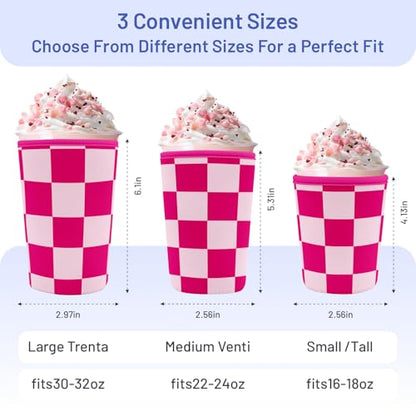 Iced Coffee Sleeve Reusable Neoprene Cup Sleeves, Pink Checkered - color: Pink Checkered
