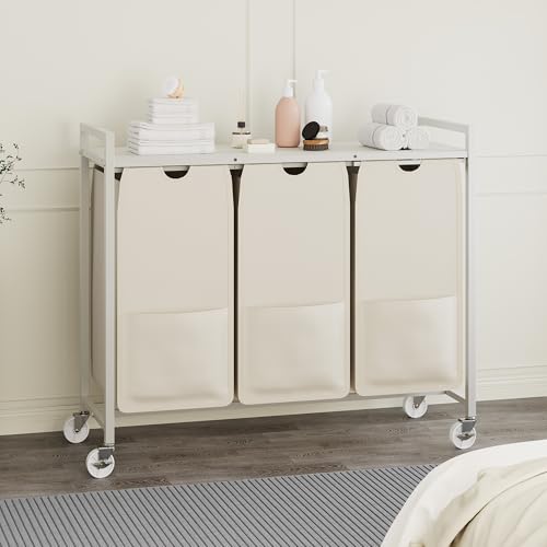 Laundry Sorter with Wheels, 3 Section, White Beige - size: 3 Bags-120L / White + Beige / w Wheels