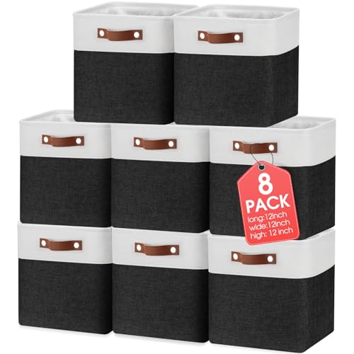 Uiifan 12 x 12 x 12 Inch 8 Pack Fabric Storage Baskets with Handles, Black - color: Black, size: 12 x 12 x 12 Inch