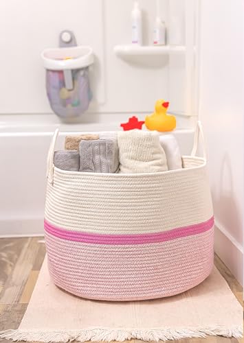 OrganiHaus Round Toy Basket & Blanket Basket, Cotton Rope 20x13" - color: Striped Pink, size: Wide