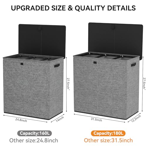 WOWLIVE Laundry Hamper with Lid, 180L Large Laundry Basket 3 Section - color: Gray, size: 180l (31.5x 12.2 X 27.5 Inches)