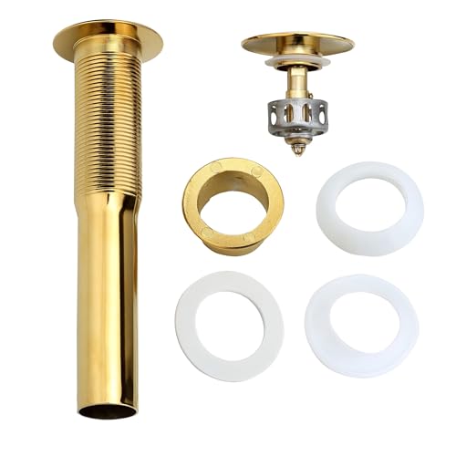 Rockgoya Bathroom Sink Drain, Gold Drain Stopper Bathroom Sink Without Overflow,Pop Up Drain Assembly with Detachable Strainer Basket,Built-in Anti-Clogging Strainer,Stainless Steel - color: Gold, style: Without Overflow