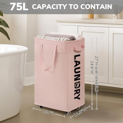 Goodpick 2-Pack Laundry Hamper with Wheels, Dorm Essentials for Girls,75L - color: Pink 2-Pack