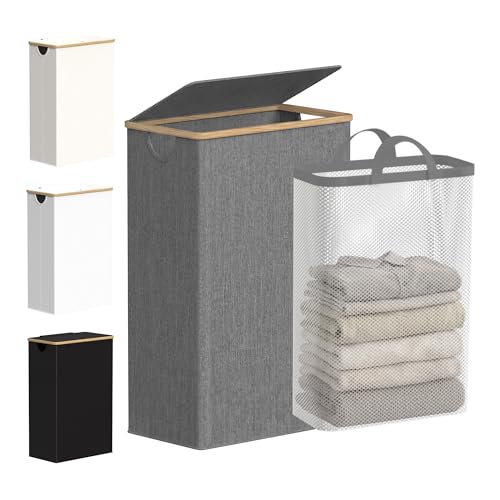 efluky Slim Laundry Basket with Lid, Narrow Laundry Hamper with Removable Bag, Skinny Dirty Clothes Basket with Bamboo Handles for Bathroom, Bedroom & Laundry Room, 75L Grey - color: Grey, size: 75L