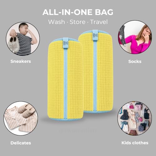 Shoe Washing Bag for Washer & Dryer – 2 Pack Sneaker Laundry Bags with Plush Microfiber Interior & Breathable Mesh Panels for Shoes & Delicates – Yellow - color: Yellow