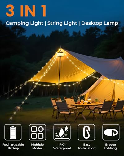 Camping String Lights, Retractable 32.8FT Rechargeable Fairy Light - color: White&Orange