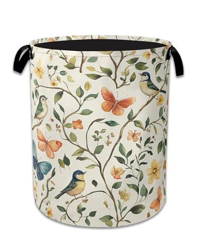 Bird Butterfly Laundry Basket,Oxford Cloth Vintage Nature Laundry Hamper With Handle Foldable Portable Clothes Storage Basket for Laundry Room/Bedroom/Bathroom 20.8"x16" - color: Bird Butterfly Vintage Nature