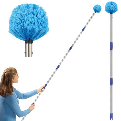 Cobweb Duster with Extension Pole, Outdoor Spider Web Brush with 6 ft Long Handle, Metal Cob Web Remover for High Ceilings Fans Indoor Cleaning, Medium-Stiff Bristles Dust Brush, Lightweight Cleaner - size: 6 FT