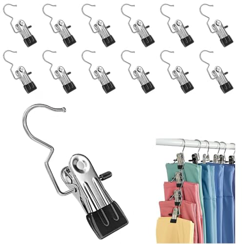 12PCS Clothes Pins, Hanging Clips, Hanger Clips, Hanger Hooks, Stainless Steel Portable Travel Hanging Hooks for Jeans, Hats, Boots, Towels (Black) - color: Black